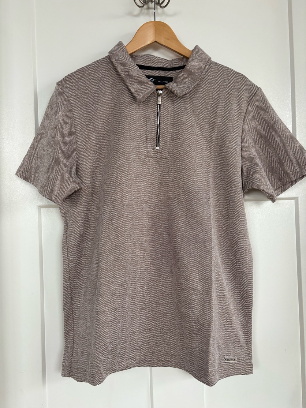 Mauvais Men’s Beige and White Herringbone Quarter-Zip Polo Shirt Size: XL
